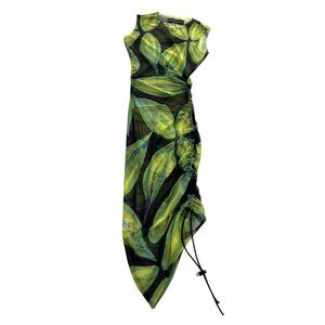Louisa Ballou Asymmetric Printed Stretch Mesh Dress in Lime Green